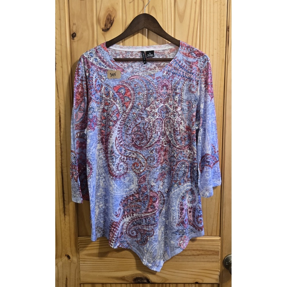 New Directions Blue Pink‎ Paisley Rhinestone Sharkbite Hem Top XL 3/4 Sleeve